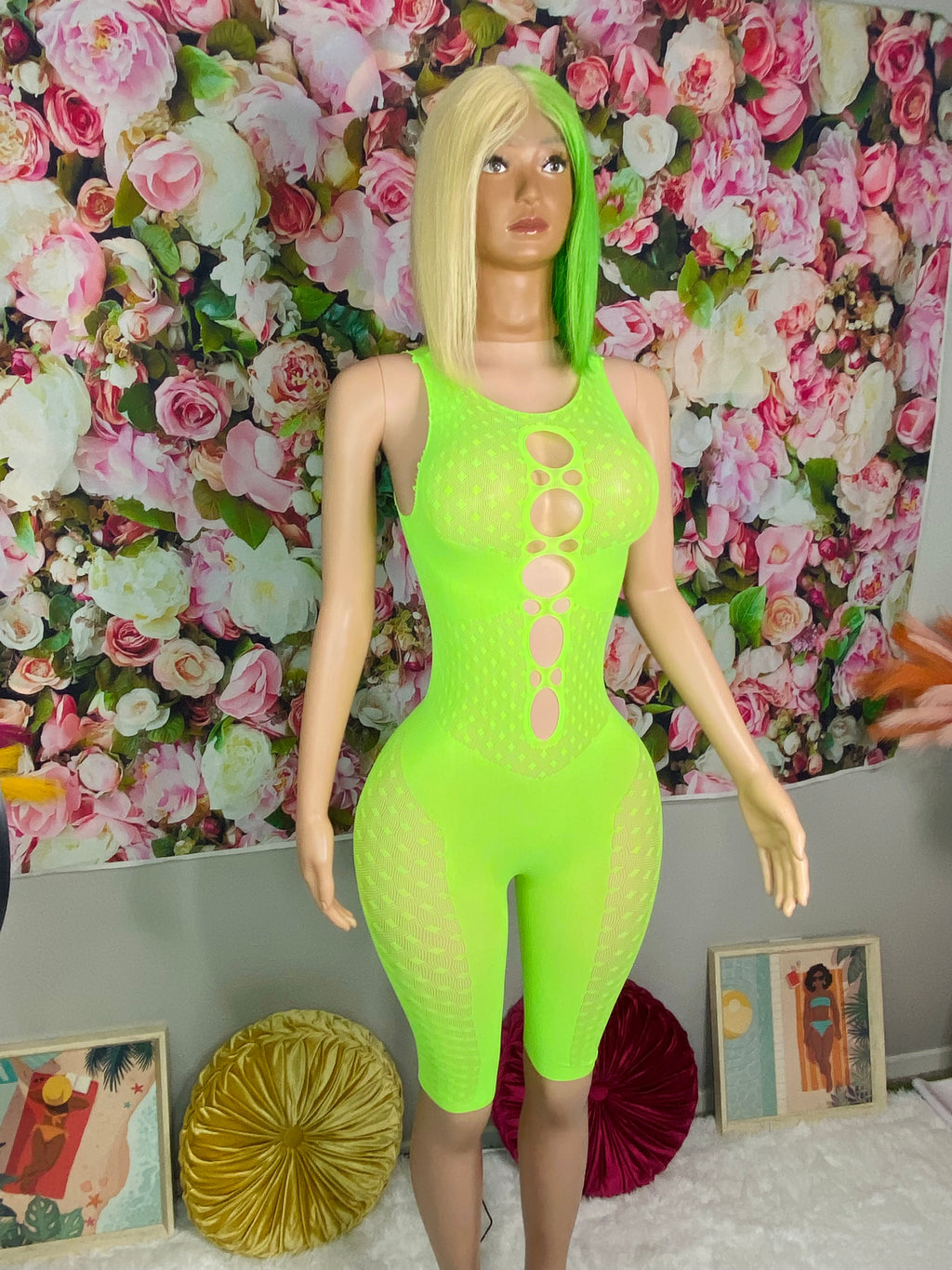 Green Mini Body Suit Fishnet Sleeveless