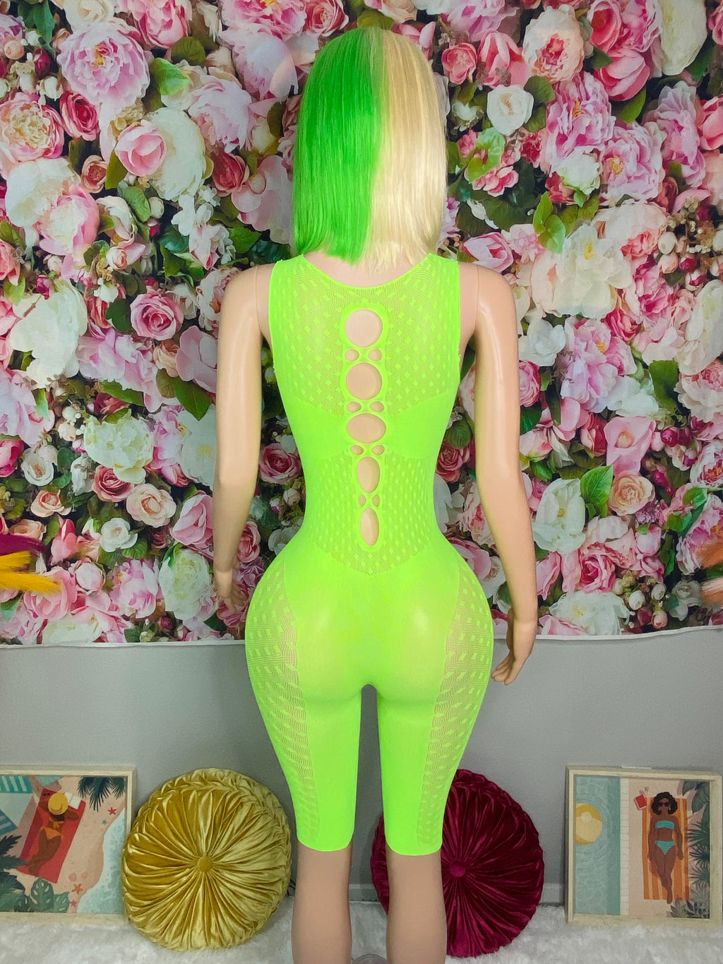 Green Mini Body Suit Fishnet Sleeveless