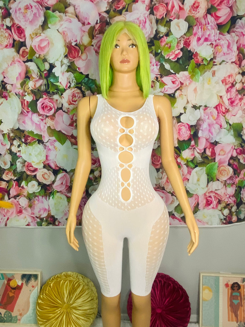 White Mini Body Suit Fishnet Sleeveless