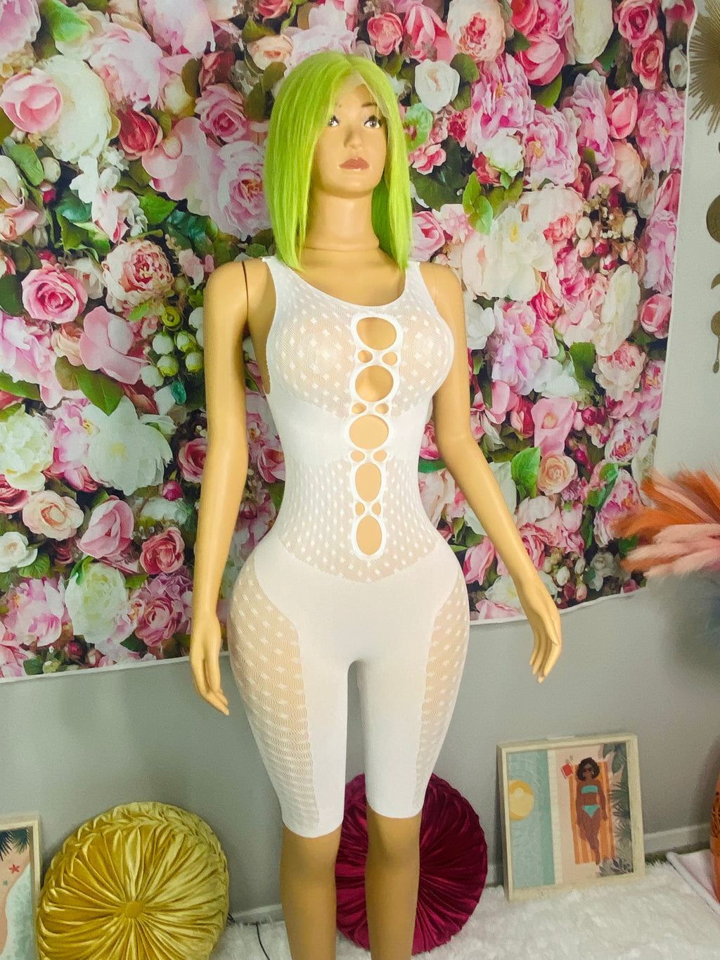 White Mini Body Suit Fishnet Sleeveless