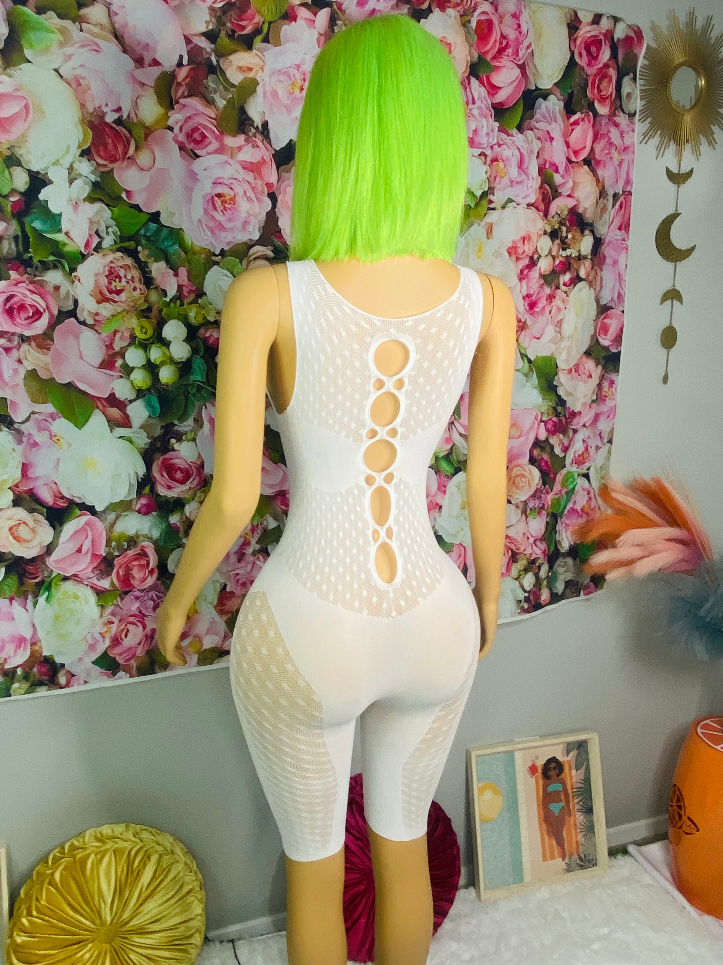 White Mini Body Suit Fishnet Sleeveless
