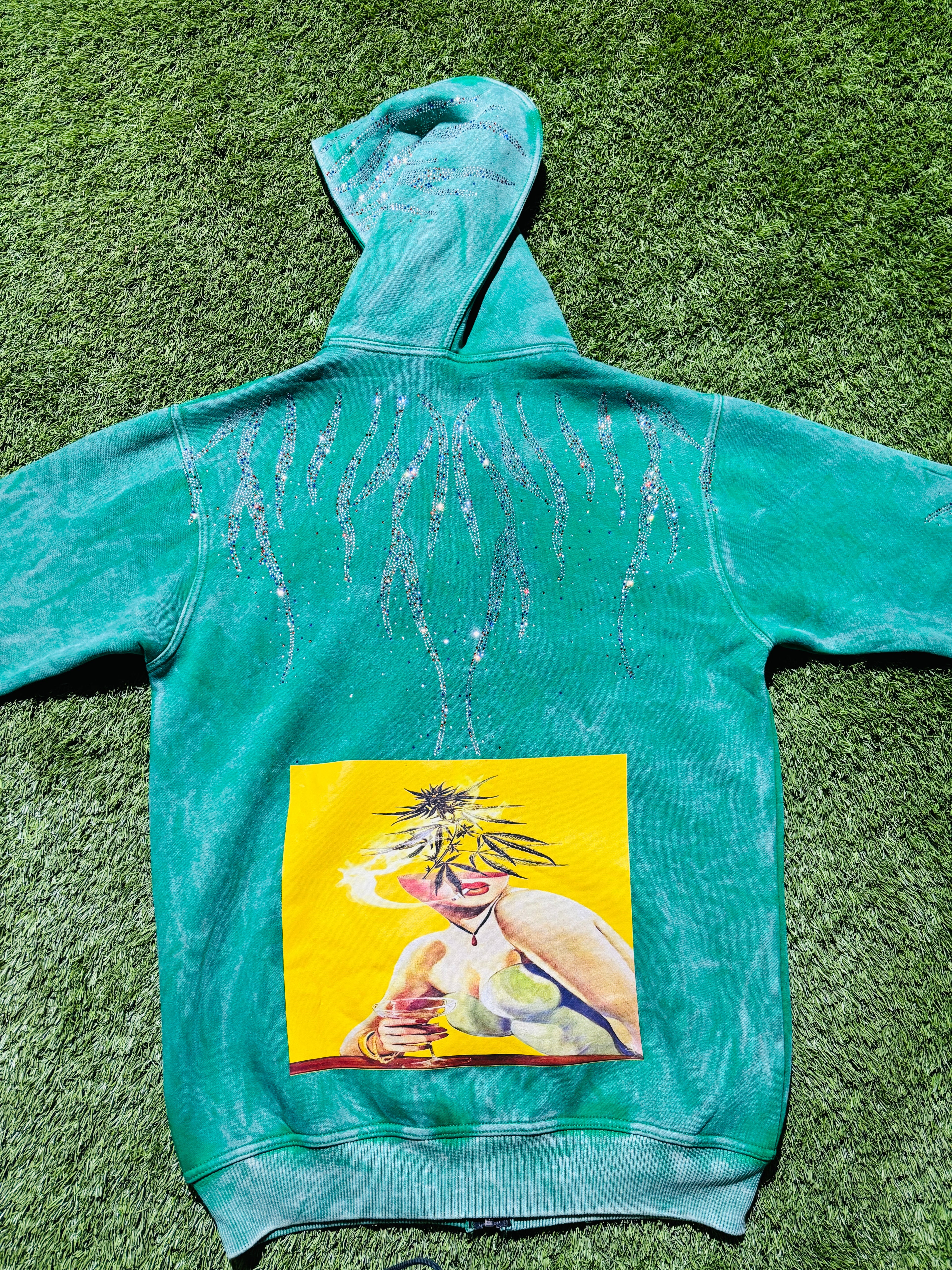 Green Rhinestone jacket with graphic on the back