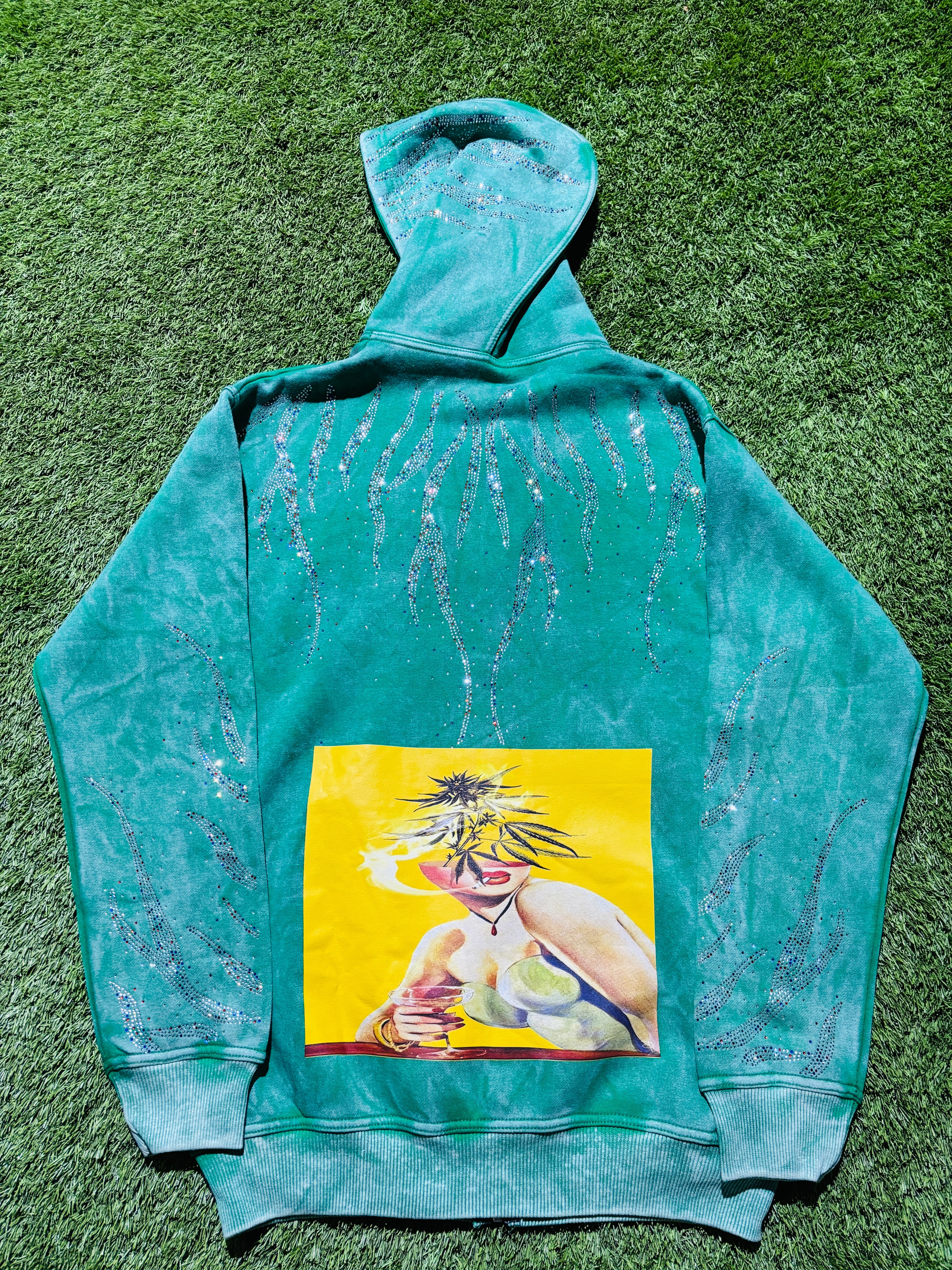 Green Rhinestone jacket with graphic on the back