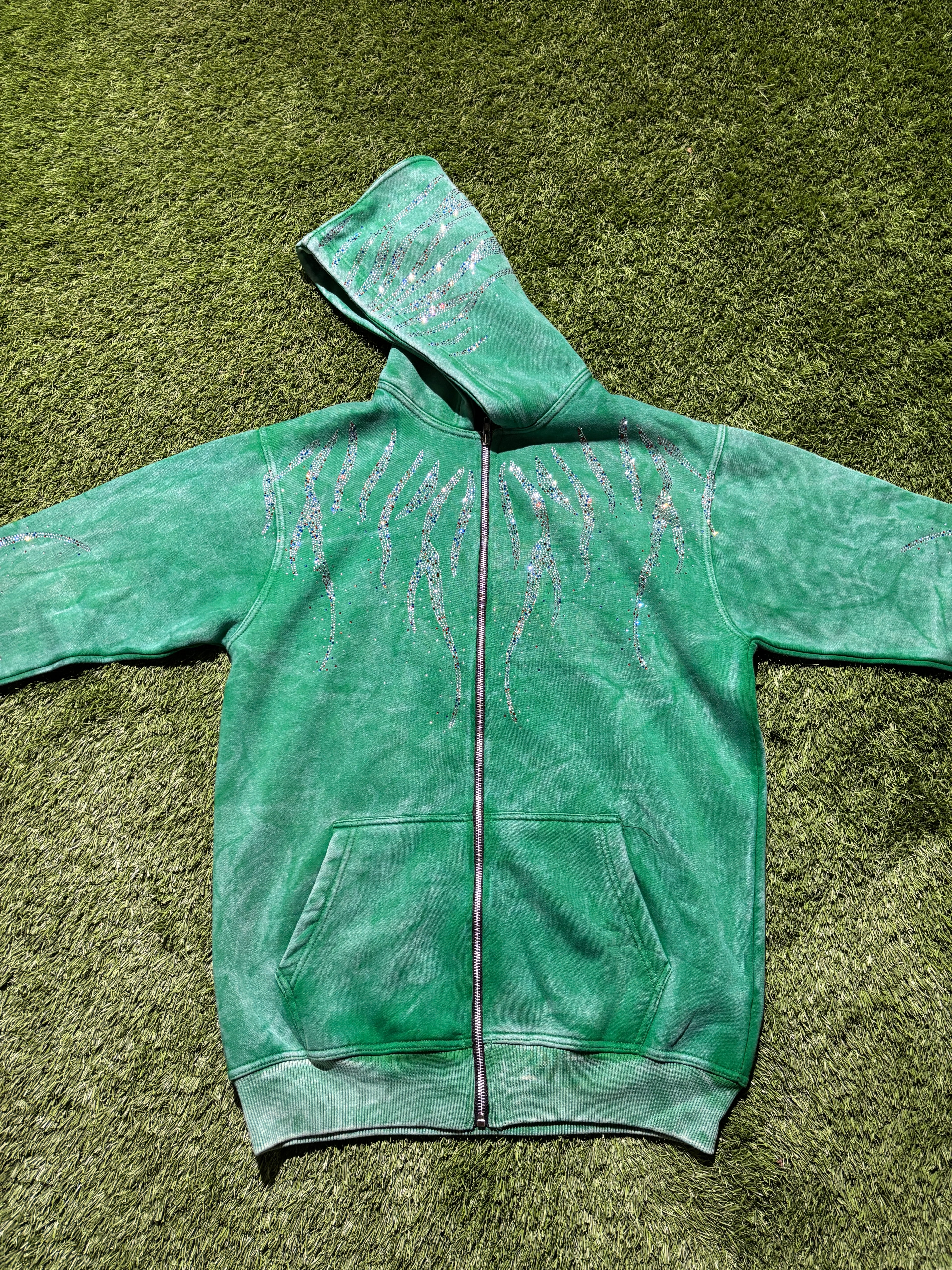 Green Rhinestone jacket with graphic on the back