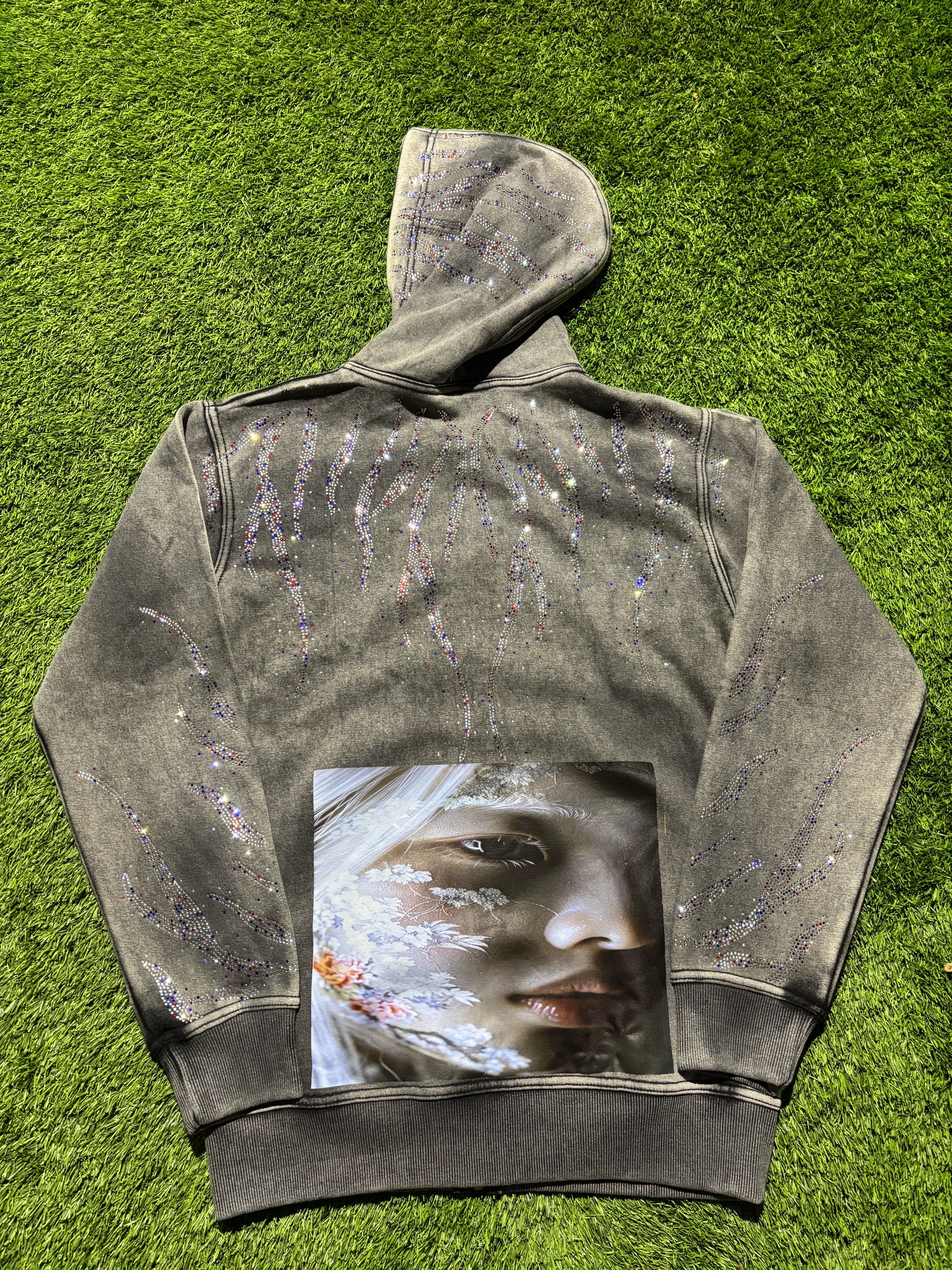 Grey Rhinestone jacket with graphic on the back